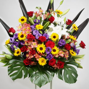 スタイル：華やか 色味：おまかせ 備考：カラフルひまわりとバラをメインにしたカラフルな構成。４種のグリーンを合わせたスタンド花。 20,000円